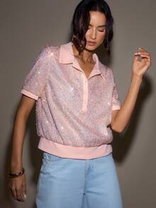 LOTSLUV 女士宽松短袖亮片T恤，粉色，春夏款 - 粉色 - 查看 6