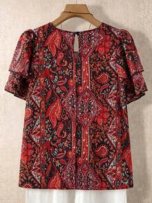 SHEIN LUNE CURVE Áo kiểu nữ cỡ lớn, màu trơn, cổ tròn, tay hai lớp, ngắn, kiểu dáng thường ngày, xếp ly, thời trang, đa năng, thích hợp cho kỳ nghỉ hè. - Đỏ - Xem 2