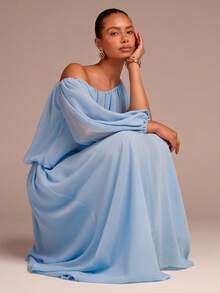 COSMINA Women's Elegant Asymmetrical Neck Ruched Jumpsuit, Versatile Wide-Leg Loose Extra-Long Style For Spring, Summer, Autumn, Winter, Commute, Date, Spring Outing, Garden, Beach Vacation - Blue - View 1