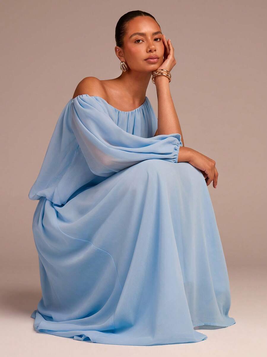 COSMINA Women's Elegant Asymmetrical Neck Ruched Jumpsuit, Versatile Wide-Leg Loose Extra-Long Style For Spring, Summer, Autumn, Winter, Commute, Date, Spring Outing, Garden, Beach Vacation - Blue - View 1