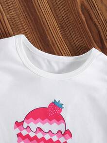 Genkimix Kids 2pcs/Set Young Girl' Ruffle Sleeve Top With Interesting Ice Cream Print & Striped Skirt - Pink - View 3