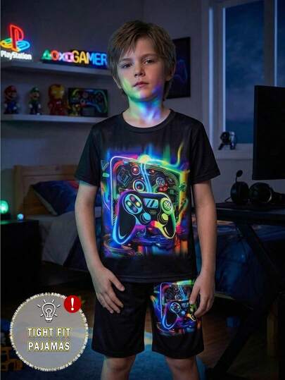 男童舒适透气电子游戏图案短袖上衣和短裤睡衣套装（2件套）