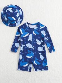 SHEIN Infant/Baby BoyWhale Print Long Sleeve Rash Guard Swimsuit With Sun Protection Wide Brim Hat - Blue - View 3