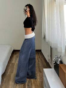 SHEIN Tall 女士撞色腰部翻折口袋阔腿休闲牛仔裤 - 藍色 - 查看 7