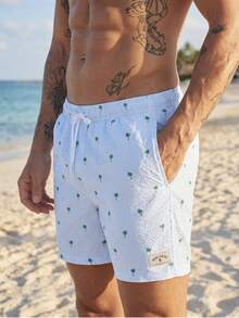 VIVINTIMO Quần short đi biển mùa hè in họa tiết cây dừa sọc có dây rút cho nam, phong cách Hawaii - Màu xanh nhạt - Xem 4