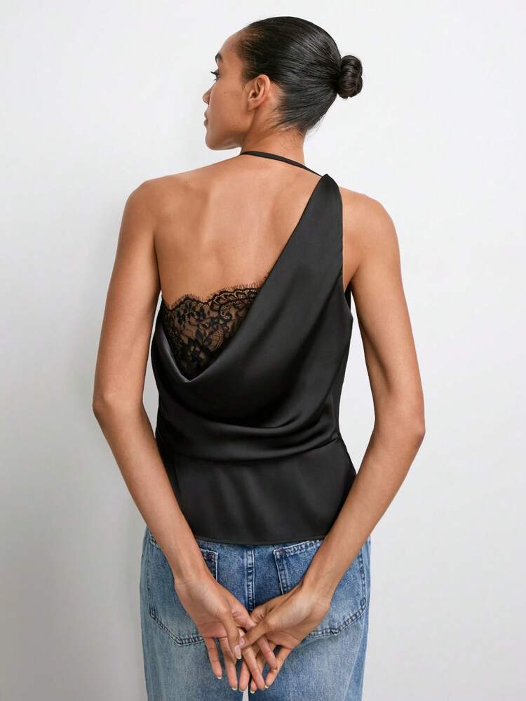 SHEIN Maija Women's Elegant Solid Color Lace Patchwork Halter Top, Summer