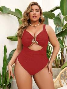 Swim Lushoire Traje de baño de una pieza sexy con espalda hueca de unicolor para mujer de talla grande - Rojo - Ver 6