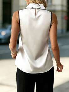 Women's Fashion Contrast Trim Sleeveless Blouse - Black and White - View 2