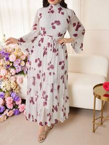 Modelyn Plus Size Women Floral Print Stand Collar Waist Tie Design Elegant Waist Cinched Party Dress - Multicolor - View 4