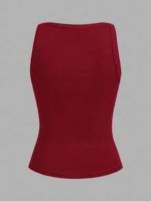 Slaydiva Women Burgundy Red Summer Casual Everyday Tank Top Basic Versatile Solid Ribbed V-Neck Racerback Gathe Vest Boho Beach Daytime Home Going Out Work - Burgundy - View 2