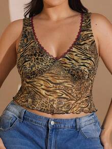 SHEIN BAE 大码性感动物纹网纱透视背心，秋季女装，校园装，Y2K风格服装，乡村风女装，复古风女装，节日装，婚礼宾客礼服（曲线款），夏季女装，正式礼服，生日装，夏季上衣，抹胸上衣，吊带背心，大码豹纹上衣，大码猎豹纹上衣，豹纹大码上衣，动物纹大码上衣，猎豹纹上衣 - 彩色 - 查看 6