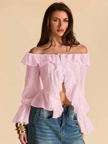 SHEIN BAE Áo kiểu trễ vai màu trắng, viền bèo nhún, tay áo buộc dây bất đối xứng, kiểu dáng lãng mạn mùa xuân, thích hợp cho kỳ nghỉ, ngày Valentine, mặc hàng ngày, phong cách công chúa. - Màu Hồng baby - Xem 3