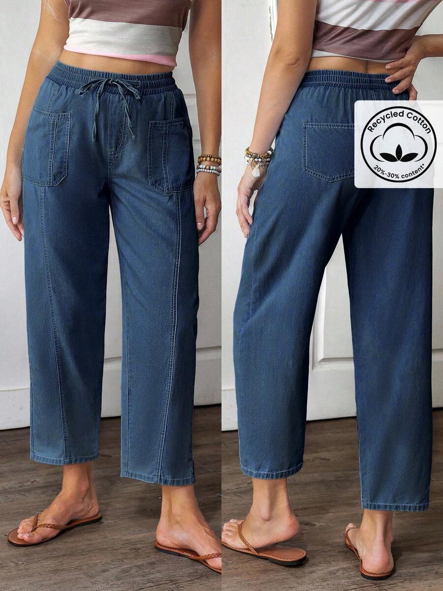 EMERY ROSE Quần jeans nữ cỡ lớn, màu xanh nhạt, không co giãn, dáng côn, phong cách đường phố thường ngày. - Rửa trung bình - Xem 1