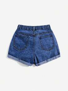 SHEIN Holidaya Shorts vaqueros casuales de talla grande para mujer con cremallera, botón, bolsillos y efecto desgastado - Azul lavado oscuro - Ver 2