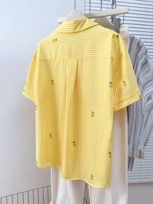 Áo sơ mi nữ tay ngắn kẻ sọc thêu hình quả chanh, cài cúc phía trước, kiểu dáng thường ngày, thích hợp cho mùa hè. - Màu vàng - Xem 2