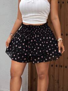 SHEIN SunnyBelle Váy ngắn xếp ly thắt eo họa tiết hoa nhí dành cho nữ cỡ lớn, thời trang và đa năng. - màu đen - Xem 6