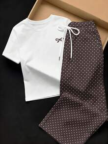 SHEIN EZwear 两件套休闲复古优雅通勤百搭波点领结套装，舒适居家服，度假装，女士夏季服装 - 圆领短袖上衣和条纹印花裤 - 彩色 - 查看 5
