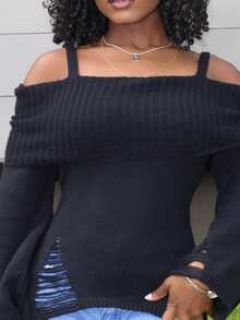 Steph T Áo len hở vai phong cách Punk Dark thời trang thiết kế rách rưới quấn eo - màu đen - Xem 3