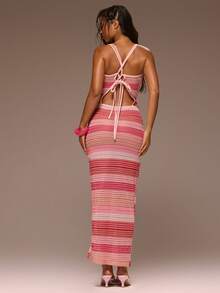 MUSERA Deep Cowl Neck Textured Stripe Split Side Maxi Dress Girly Spring Summer Vacation Night Out Cute Occassion Golden Sands - Multicolor - View 4