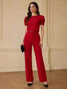 ZEYLAH Camiseta De Punto Con Ribete De Volantes - Rojo - Ver 5