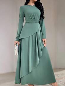 Veilorie Women's Drawstring Neck Long Sleeve Pleated Simple Long Dress, Casual Daily Wear Long Evening Dresses - Green - View 8