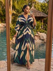 SHEIN CURVE+ Plus Size Women's Vacation Green Plant Print 3/4 Sleeve Dress - Multicolor - View 4