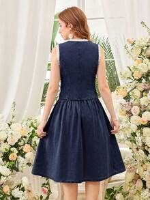 2pcs/Set Blue Denim Sleeveless Vest & Pleated Mini Skirt For Teenage Girls - Dark Wash - View 7