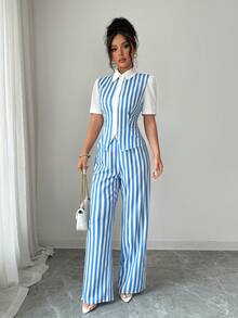 SHEIN Elenzya 优雅通勤及度假蓝白条纹衬衫+长裤两件套女装 - 藍白色 - 查看 3