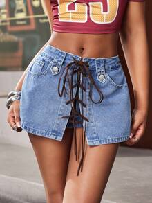 Jeanoix Y2K Low-Waist Fashionable Metal Eyelet Lace-Up Washed Denim Skirt - Medium Wash - View 4
