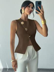 Firerie Blusa blanca elegante, refinada y romántica con botones metálicos en la cintura, corte evasé y sin mangas para uso diario y de oficina - Café integral - Ver 5