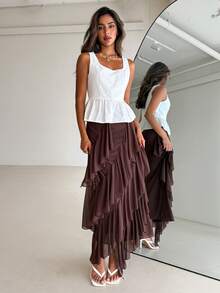Aloruh Chân váy đi biển xếp tầng họa tiết hoa, chất liệu chiffon thanh lịch, vạt bất đối xứng, thích hợp cho kỳ nghỉ hè. - màu nâu - Xem 6