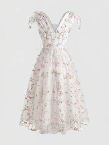 SHEIN 少女优雅花卉刺绣网纱吊带裙，夏季 - 白色 - 查看 4