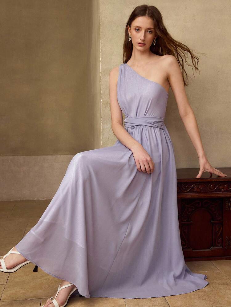 WOMEN'S ELEGANT DRESS WITH METALLIC THREADS, ASYMMETRIC SHOULDER, CINCHED WAIST, SUMMER