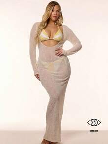 MUSERA Plus Size Semi Sheer Plunge Scoop Front Fitted Long Sleeve Cover Up Maxi Dress Spring Summer Vacation Holiday Beach Pool Sexy Y2k Cute Limonada - Apricot - View 1