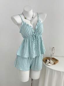 Elamini Summer Sexy Ruffle V-Neck Striped Camisole And Shorts 2 Pieces Set - Blue - View 4