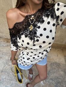 Elyressa 女士梭织圆点优雅夏季休闲露肩衬衫 - 杏色 - 查看 6