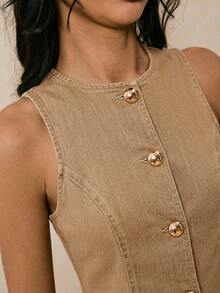 Poéselle Women's Sommer Casual Front Button Sleeveless Denim Dress Everyday Khaki - Khaki - View 6
