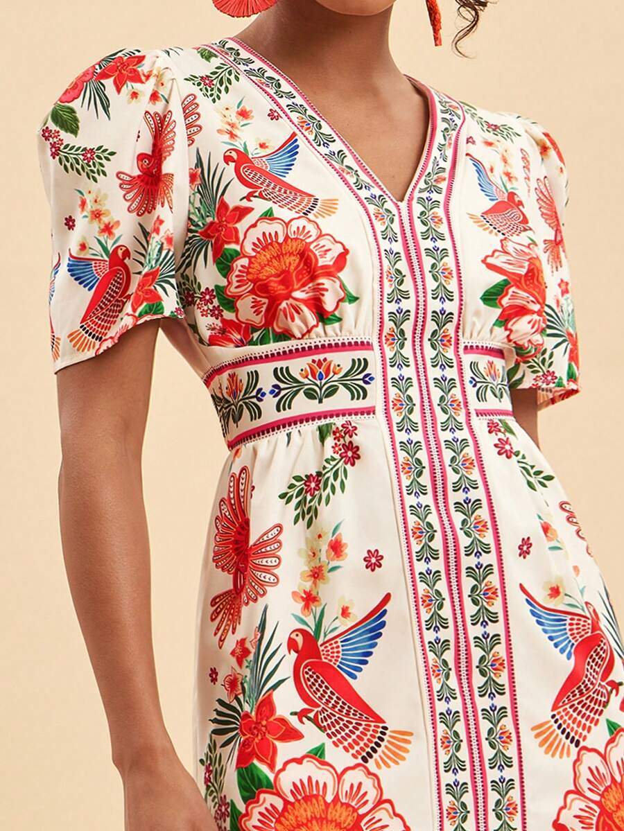Travachic Vestido corto de verano con estampado tropical de loro, mangas de pétalos y cintura ceñida para vacaciones en la playa - Multicolor - Ver 1