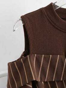 GlowEve Striped Faux Two-Piece Shirt Vacation Outfits For Women - Coffee Brown - View 3