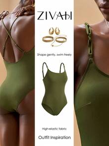 Zivah-F New Elegant Green Military One-Piece Swimsuit For Women, Casual Beach Vacation - Army Green - View 8
