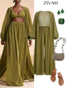Zivah 2026 度假休闲沙滩优雅和服罩衫及阔腿裤套装 - 綠色 - 查看 4