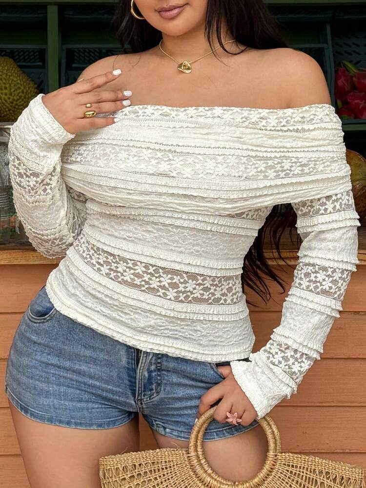 Dazy Plus Hollow Lace Top, Off-Shoulder Casual Vacation Street Style, White Long Sleeve T-Shirt, Plus Size Women Top, Suitable For Spring, Summer, Autumn