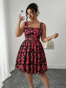 Elenzga Abito da donna taglie forti con scollo ampio a balze, stampa floreale a rose, adatto per vacanze romantiche e primavera, ideale per San Valentino - nero - Visualizzare 6