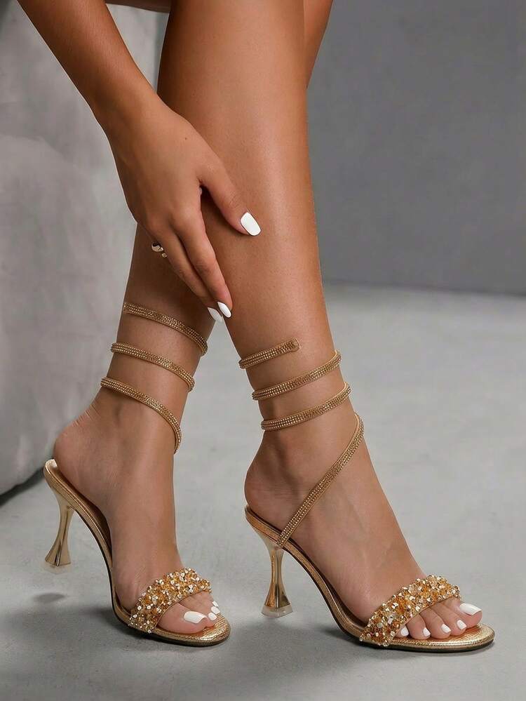 CUCCOO SZL Ladies With Elegant Summer Gold PU-Faced High-Heeled Sandals Summer Shoes