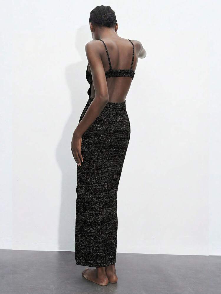 SHEIN Maija Summer Round Metal Buckle Elegant Modern Knit Dress For Women, Suitable For Vacation, Holiday, Business Casual, Beach Wedding, Valentine's Day Party, Vintage, 90s, Bohemian Style