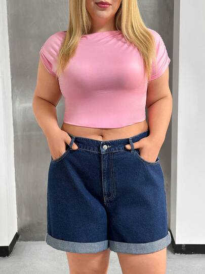 SHEIN Short en jean bleu taille haute avec ourlet plié, taille élastique, grande taille