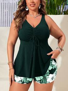 Swim Lushoire Plus Size Women 2pcs Spaghetti Strap V-Neck Ruched Waist Random Print Tankini Swimsuit - Multicolor - View 5