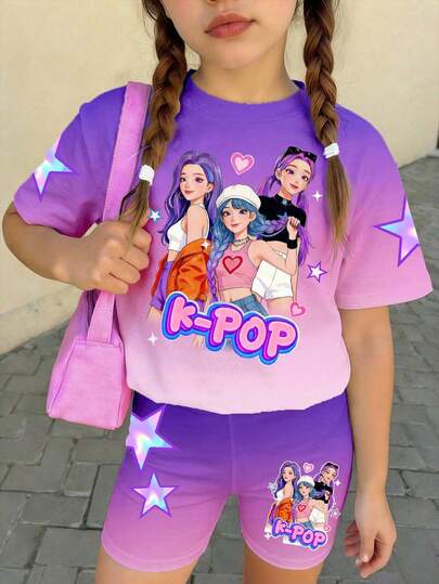 Tween Girls' Casual Fashion Street Style K-Pop Letter & Star Ombre Print Loose Fit Drop Shoulder T-Shirt And Shorts Set, Summer