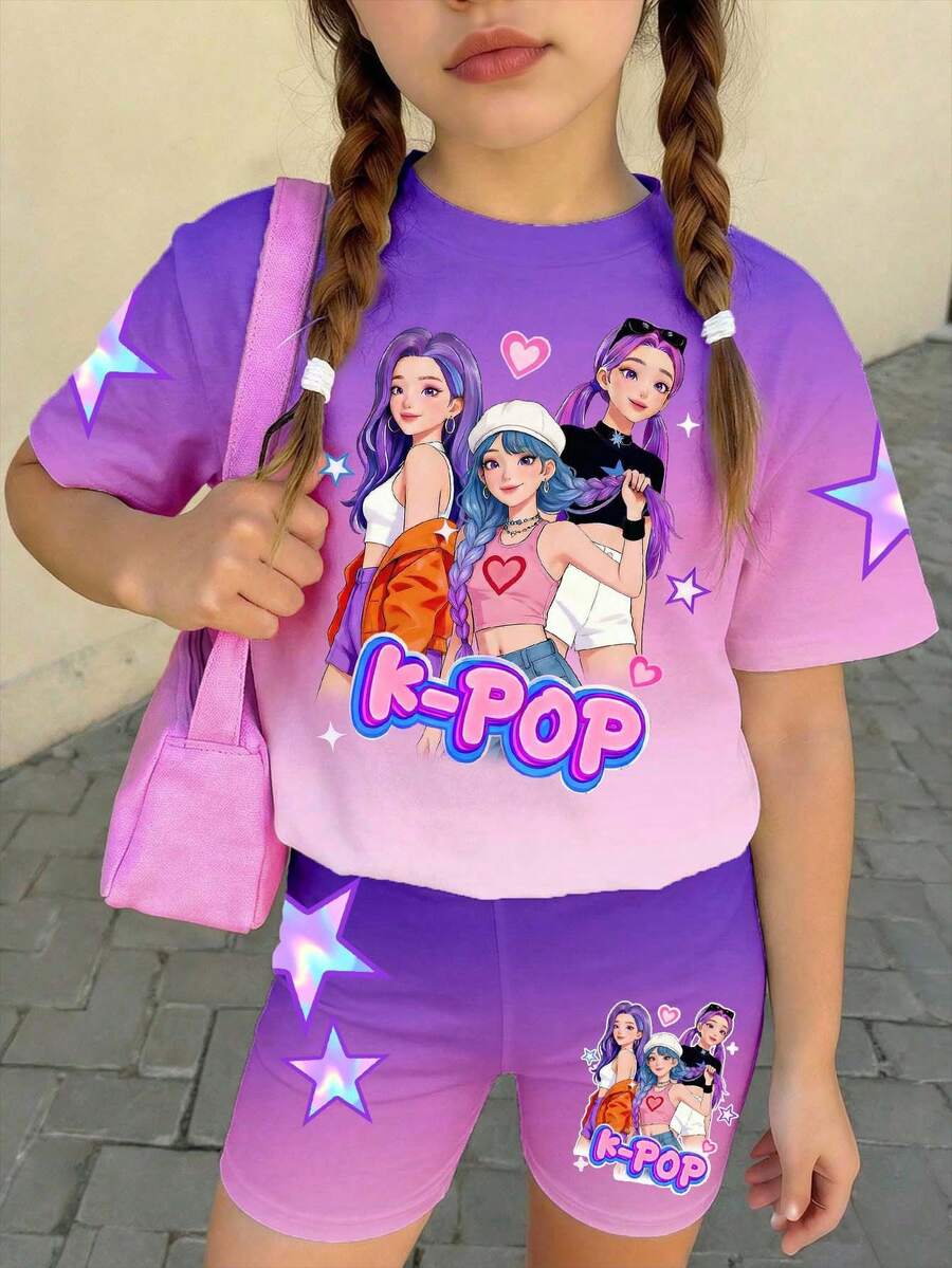Bộ đồ thể thao thường ngày phong cách đường phố K-Pop dành cho bé gái tuổi teen, gồm áo thun dáng rộng vai rớt và quần short, in chữ và ngôi sao, hiệu ứng ombre, thích hợp cho mùa hè. - Nhiều màu - Xem 1