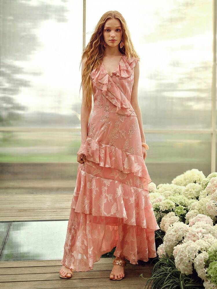 FASHIONABLE, EXQUISITE AND ELEGANT JACQUARD CUTOUT RUFFLE HEM LONG DRESS FOR WOMEN, FLATTERING DESIGN IN PINK